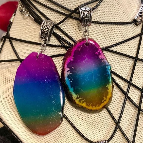 Gemstone & Fossil Pendant on Waxed Necklace w/Ornate Bail Lobster Claw Clasp - Picture 7 of 16